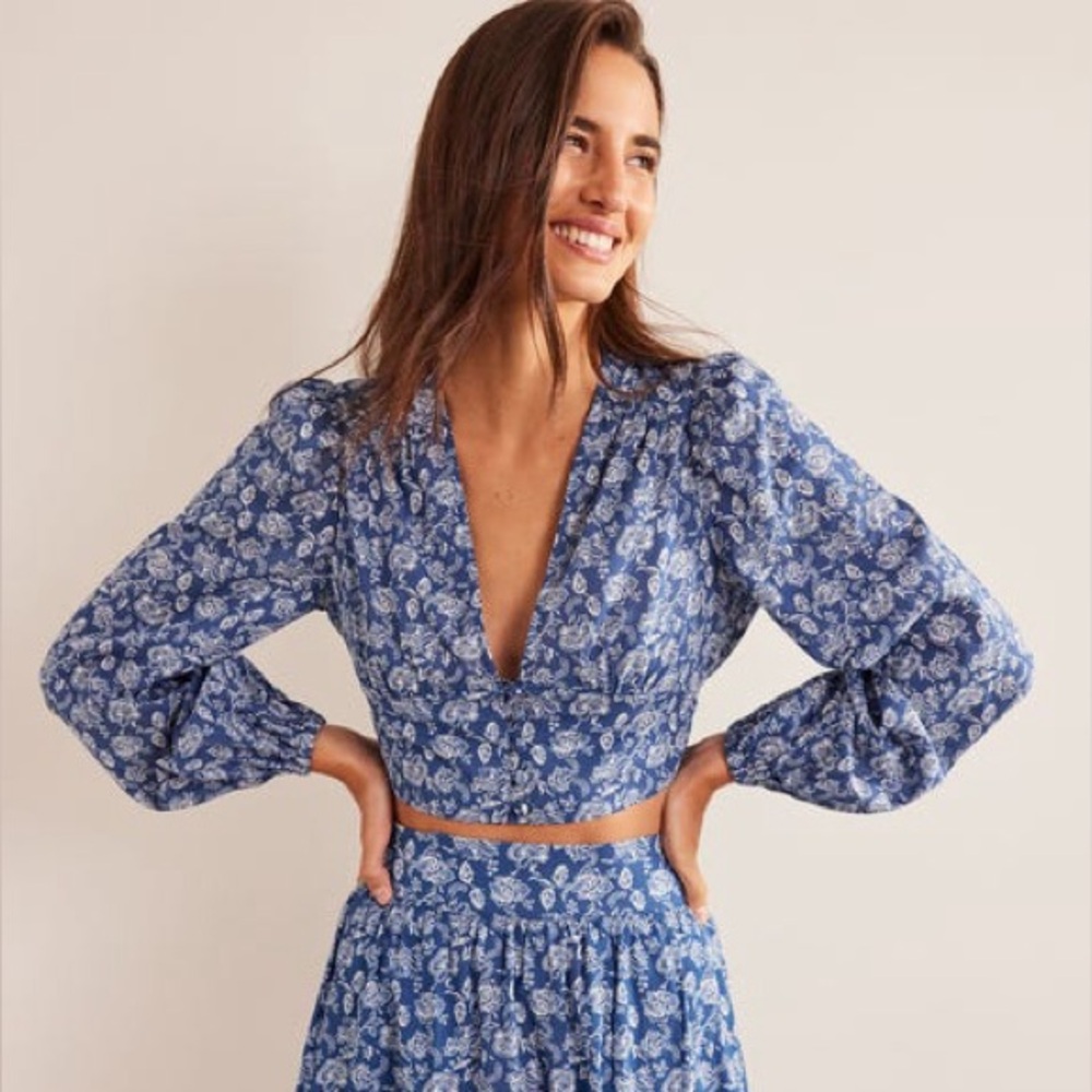 Boden Cropped Low V Top True Navy Linear Bloom Floral Blouse Size 8